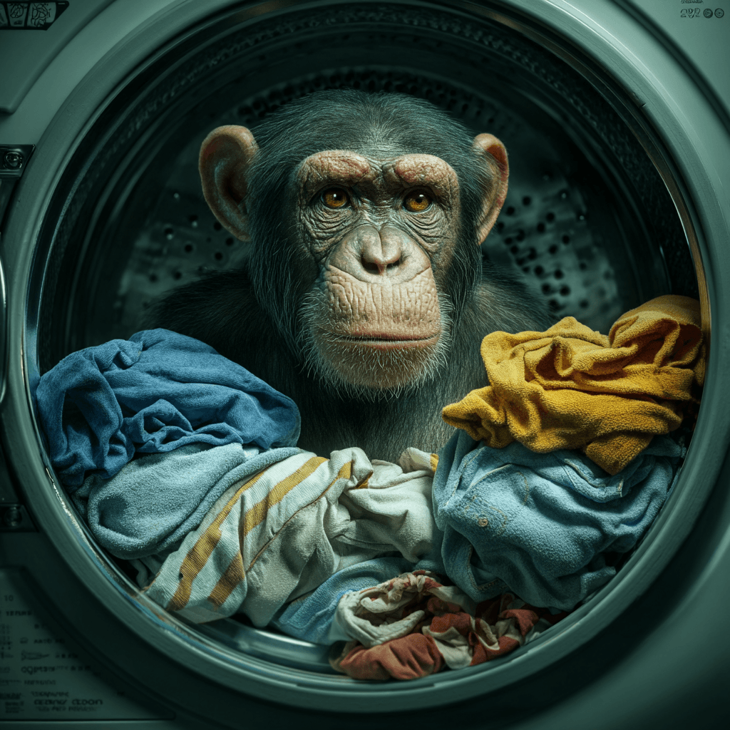 Chimpancé dentro de una lavadora rodeado de ropa de colores