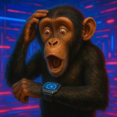 Chimpancé sorprendido mirando un smartwatch futurista, ideal para ilustrar artículos sobre los mejores smartwatches del mercado y tecnología innovadora