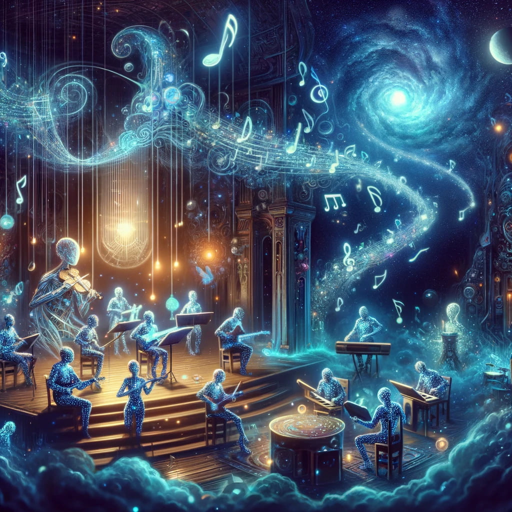 DALL·E 2023 11 19 14.05.14 Create a dreamlike oniric image in the style of the provided night scene depicting a futuristic and surreal music composition studio. In this studio