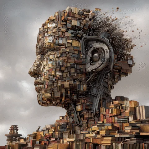 scultura futurista en forma de cabeza humana compuesta por cientos de libros apilados y elementos mecánicos, representando la inteligencia artificial construida sobre conocimiento; ideal para ilustrar los mejores libros de inteligencia artificial