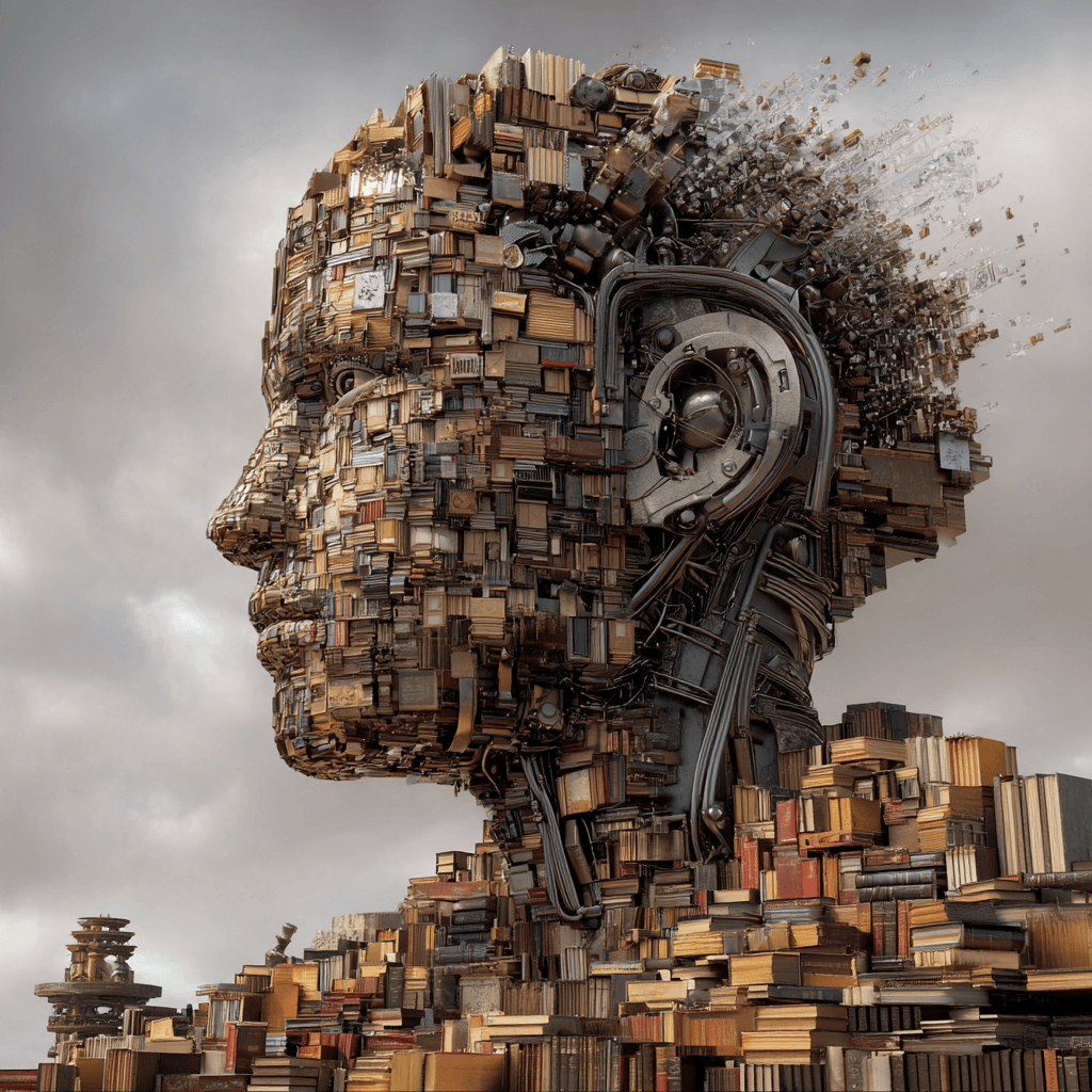 scultura futurista en forma de cabeza humana compuesta por cientos de libros apilados y elementos mecánicos, representando la inteligencia artificial construida sobre conocimiento; ideal para ilustrar los mejores libros de inteligencia artificial