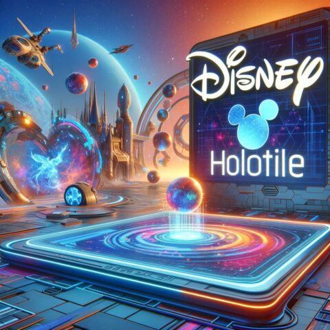 Arte digital vibrante de Disney mostrando el logo "Holotile" con imágenes futuristas, planetas, y naves espaciales en un escenario de ciencia ficción