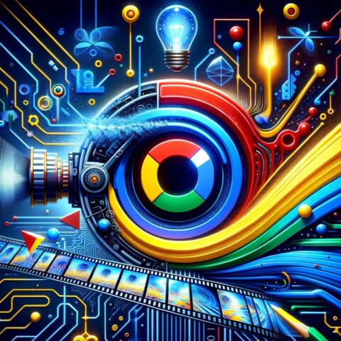 Representación digital de una cámara fotográfica estilizada con un lente colorido al centro, rodeada de circuitos y símbolos de innovación como engranajes y una bombilla, todo en una paleta de colores vivos que sugiere tecnología y creatividad