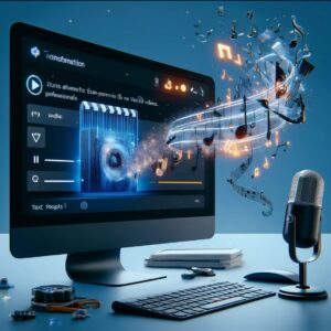 Imagen conceptual de un moderno entorno de edición de audio y video con elementos en 3D. La escena muestra un monitor de computadora de escritorio con una pantalla que presenta una interfaz de software de edición, desde la cual salen elementos tridimensionales flotantes como una guitarra, notas musicales y partículas de luz que simulan un proceso creativo dinámico. Un micrófono de condensador, un teclado y un ratón están al frente sobre el escritorio, indicando un espacio de trabajo profesional para la producción multimedia