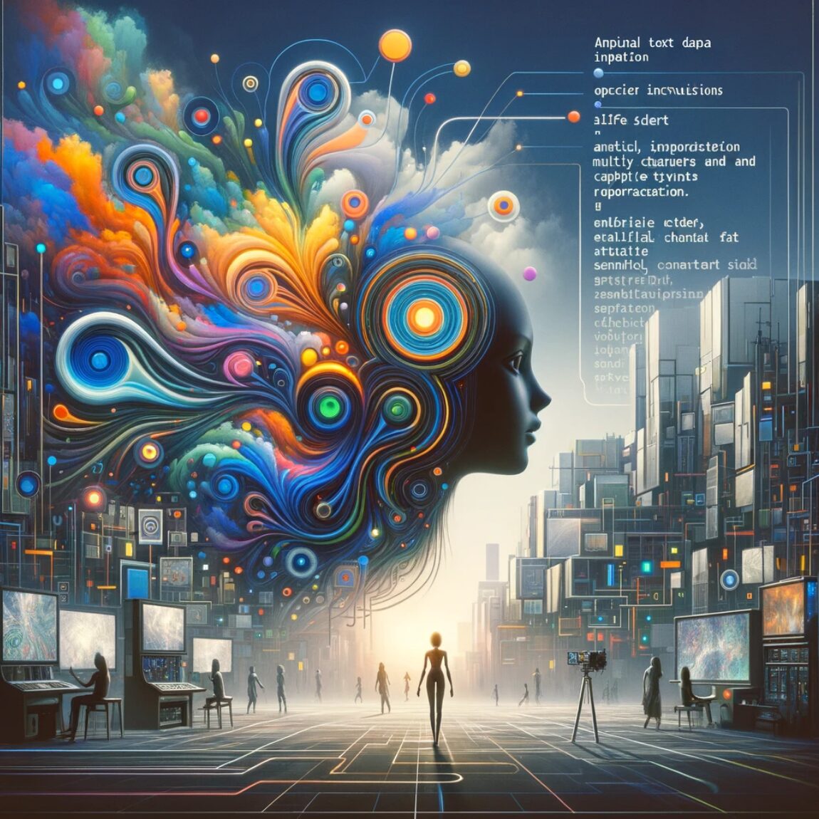 Representación artística de una figura femenina de perfil con cabello que se transforma en un torbellino de colores y formas abstractas, evocando creatividad y datos en un entorno urbano futurista