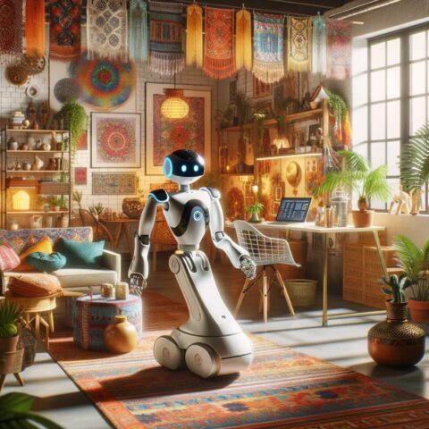 Robot autónomo estilo humanoide en una sala de estar bohemia con decoración ecléctica y colorida, incluyendo tapices colgantes, alfombras persas y plantas verdes, simbolizando la integración de la tecnología avanzada en la vida cotidiana hogareña