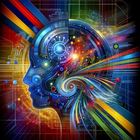 Ilustración digital abstracta de un perfil humano fusionándose con elementos de tecnología y circuitos, destacando conceptos de inteligencia artificial y cibernética en colores vivos sobre fondo oscuro