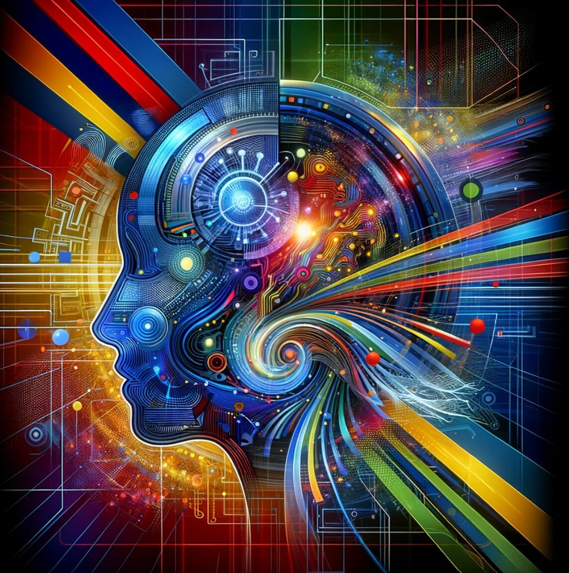 Ilustración digital abstracta de un perfil humano fusionándose con elementos de tecnología y circuitos, destacando conceptos de inteligencia artificial y cibernética en colores vivos sobre fondo oscuro