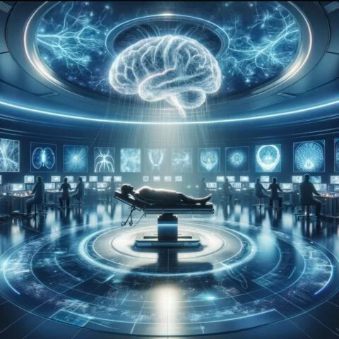 Imagen de una sala de operaciones futurista con una figura humana tumbada en una camilla central y una representación holográfica de un cerebro humano suspendido sobre ella apunto de realizar un implante de un chip cerebral