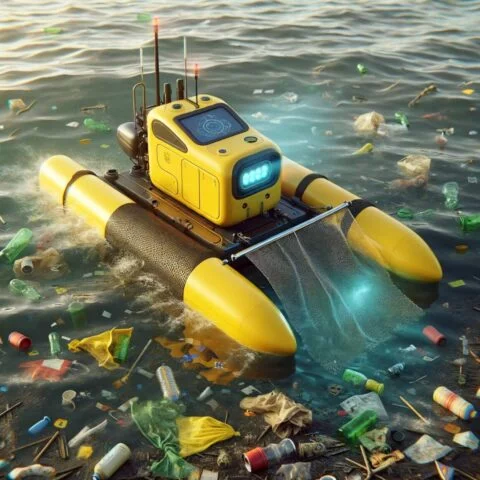 Robot amarillo de limpieza oceánica recogiendo residuos plásticos en un mar contaminado para mejorar el medio ambiente marino