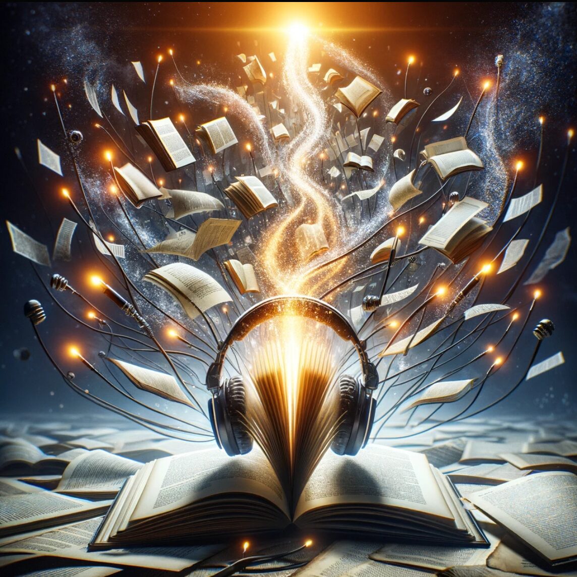 Un libro mágico desplegando sus páginas hacia un cielo nocturno con bombillas iluminadas y una luz central que irradia partículas brillantes, simbolizando un desbordamiento de conocimiento e imaginación