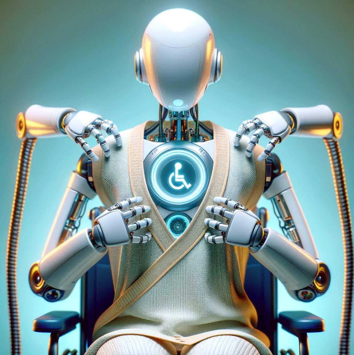 Robot futurista sentado con icono de accesibilidad en el pecho iluminado, rodeado de cables, simbolizando la tecnología asistiva