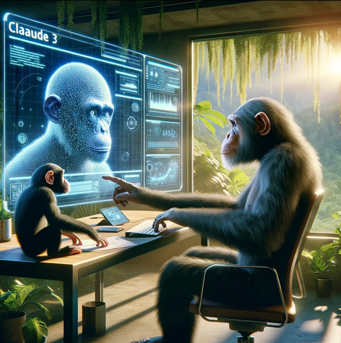 Claude 3 ya es mejor que Chat GPT-4 1 Un chimpancé inteligente se sienta en una silla de oficina moderna, utilizando una computadora portátil y señalando con su dedo a una pantalla holográfica grande que muestra el perfil de otro chimpancé en un estilo gráfico futurista. Se encuentran en un entorno de oficina con vegetación exuberante y una ventana que da a una selva espesa, iluminada por la luz natural que sugiere innovación y armonía con la naturaleza