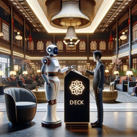 Recepción futurista con robot de servicio interactiva saludando a un huésped humano en un lujoso lobby de hotel. La decoración combina estilos tradicionales y modernos, con iluminación cálida y muebles elegantes. El robot junto a un moderno podio con el logo 'DECK' iluminado que acentúa el ambiente innovador y tecnológico