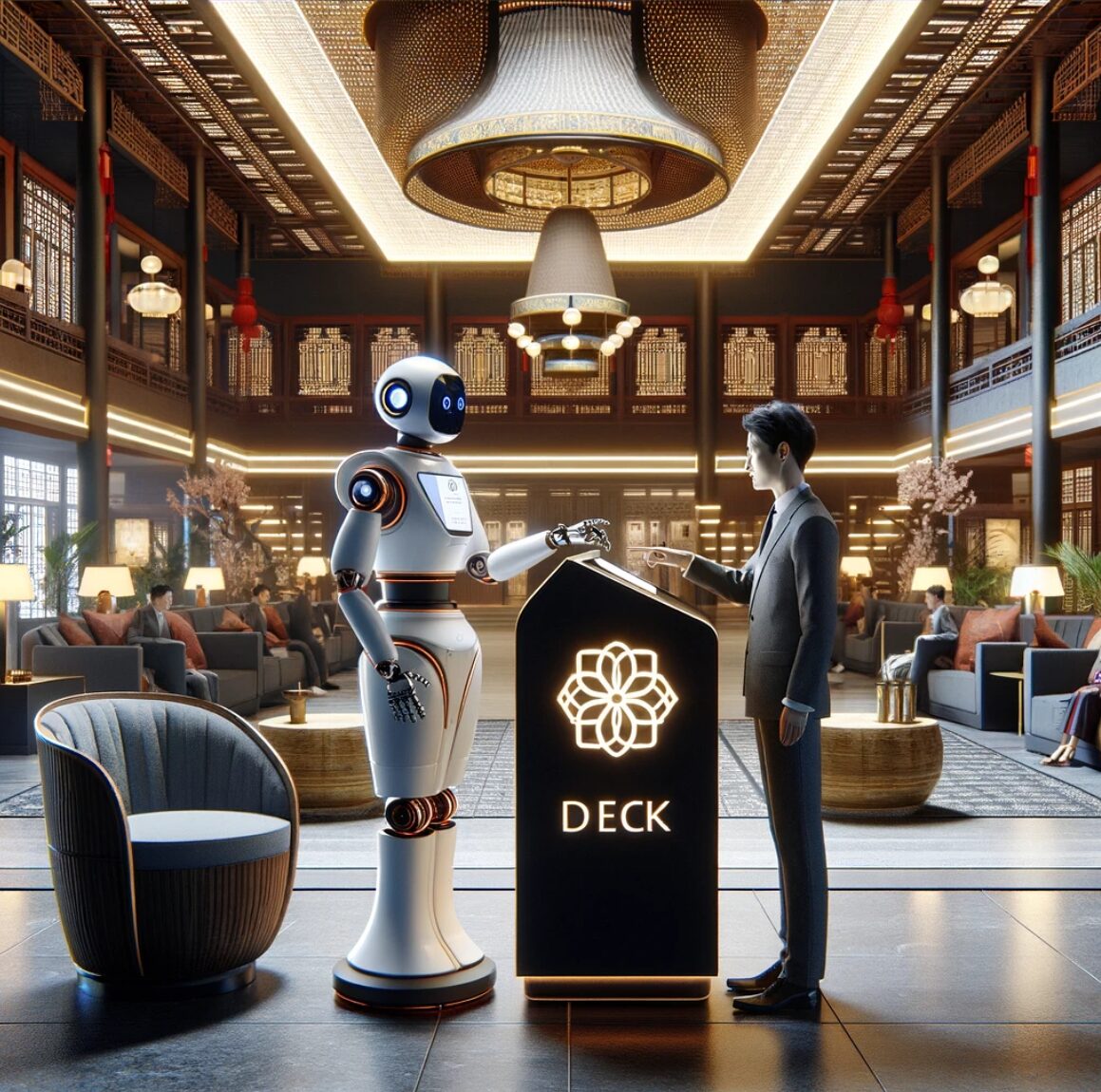 Recepción futurista con robot de servicio interactiva saludando a un huésped humano en un lujoso lobby de hotel. La decoración combina estilos tradicionales y modernos, con iluminación cálida y muebles elegantes. El robot junto a un moderno podio con el logo 'DECK' iluminado que acentúa el ambiente innovador y tecnológico