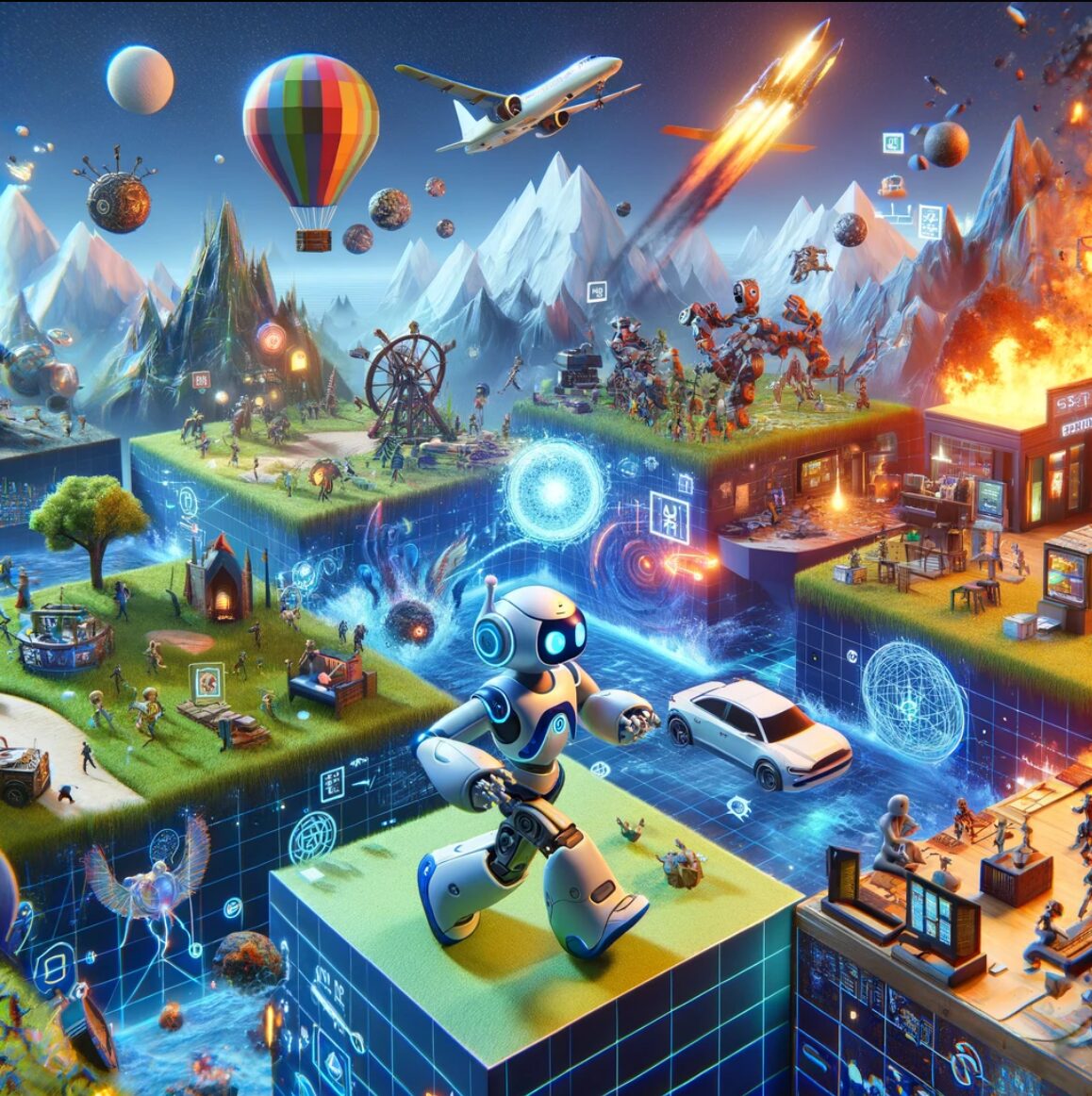 Sima, el agente de IA de Google Deepmind que aprende a jugar en mundos virtuales 1 Sima el agente IA de videojuegos. Imagen digital dinámica y colorida que representa un mundo de realidad mixta con diferentes escenas y épocas