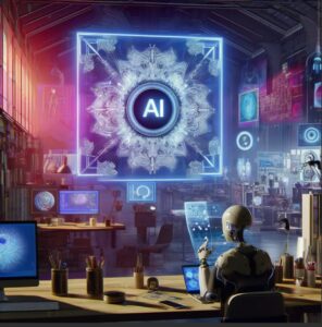 uestra un robot sentado frente a un escritorio, mirando hacia una gran pantalla con la etiqueta "AI" rodeada de intrincados diseños