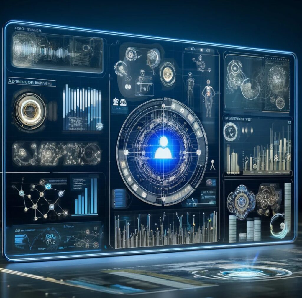 imagen muy detallada y futurista, repleta de gráficos, diagramas, y una estética que bien podría pertenecer a una interfaz avanzada de un sistema de inteligencia artificial o de una película de ciencia ficción