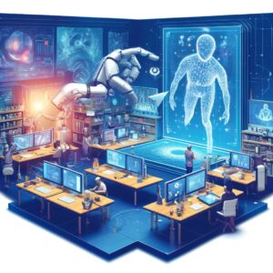 laboratorio o centro de investigación donde la tecnología de inteligencia artificial y robótica se encuentra en plena acción. Un brazo robótico grande parece interactuar con un holograma humano en 3D, mientras que varios científicos y técnicos trabajan en sus respectivos espacios. La escena está llena de pantallas y monitores que despliegan información y datos, lo que sugiere que el trabajo realizado aquí está a la vanguardia de la investigación y desarrollo tecnológico