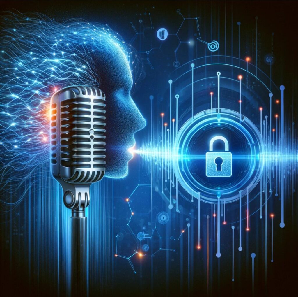 Imagen digital que ilustra la intersección de la tecnología y la ciberseguridad con elementos audiovisuales. Se muestra un perfil humano digitalizado junto a un micrófono de estilo retro, ambos emitiendo un haz de luz azul hacia un candado digital, simbolizando la seguridad en las comunicaciones. El fondo oscuro presenta circuitos integrados, datos digitales y símbolos de tecnología y seguridad, creando una atmósfera de alta tecnología y protección de la información