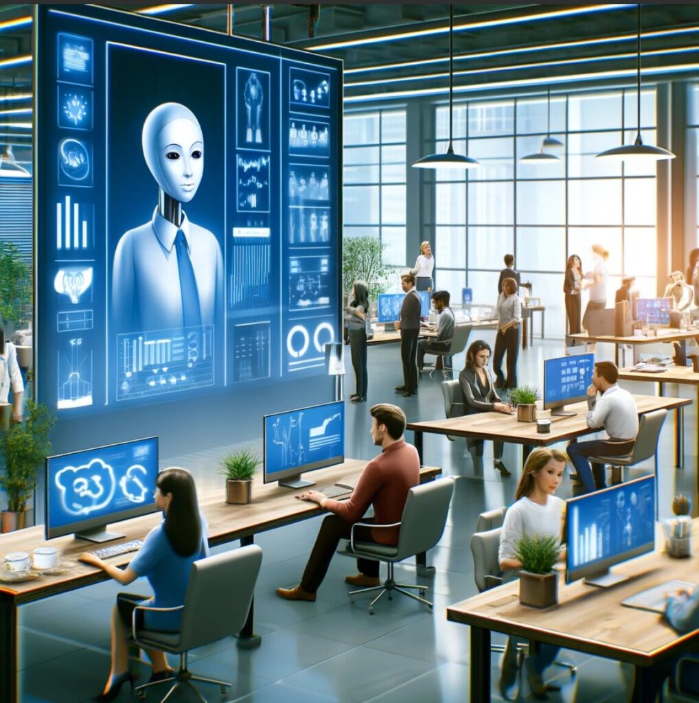 ficina moderna y luminosa, con muchas personas trabajando en estaciones de trabajo mientras pantallas grandes muestran gráficos e interfaces de usuario relacionados con la inteligencia artificial