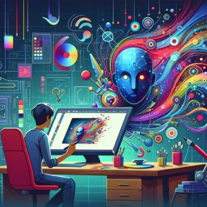 Muestra una persona trabajando en una computadora con una representación gráfica colorida que parece brotar de la pantalla, rodeada por un ambiente lleno de arte y elementos visuales dinámicos, junto con una imagen estilizada de un rostro que podría simbolizar la inteligencia artificial o la inspiración creativa