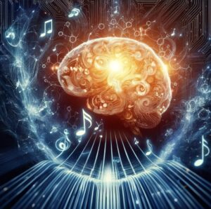 un cerebro digital y notas musicales, reflejando la fusión de creatividad y tecnología