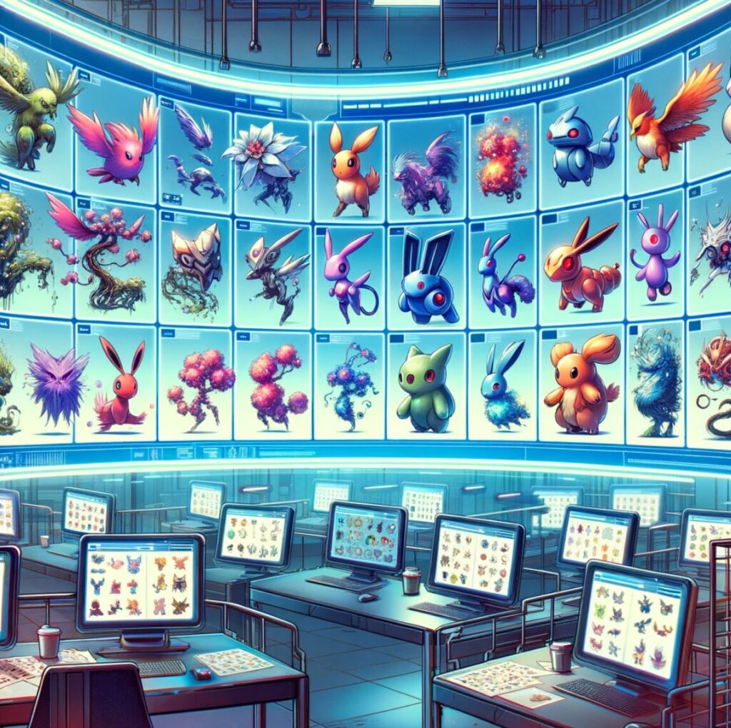 riaturas estilizadas, muy coloridas y visualmente interesantes, que parecen estar en una sala de control o laboratorio de diseño de personajes. Las criaturas están expuestas en paneles luminosos en la pared, lo que sugiere que podrían ser conceptos o diseños para un videojuego. Las estaciones de trabajo con múltiples monitores también muestran estas criaturas, lo que indica un entorno de trabajo creativo, posiblemente relacionado con el desarrollo de videojuegos o animación digital