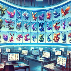 riaturas estilizadas, muy coloridas y visualmente interesantes, que parecen estar en una sala de control o laboratorio de diseño de personajes. Las criaturas están expuestas en paneles luminosos en la pared, lo que sugiere que podrían ser conceptos o diseños para un videojuego. Las estaciones de trabajo con múltiples monitores también muestran estas criaturas, lo que indica un entorno de trabajo creativo, posiblemente relacionado con el desarrollo de videojuegos o animación digital