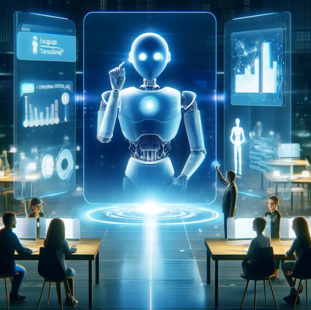 escenario de ciencia ficción donde un robot con apariencia avanzada y amigable parece interactuar con un grupo de personas en un entorno de trabajo. Hay pantallas flotantes que muestran gráficos y datos, lo que sugiere que el robot está presentando o analizando información