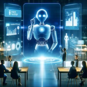 escenario de ciencia ficción donde un robot con apariencia avanzada y amigable parece interactuar con un grupo de personas en un entorno de trabajo. Hay pantallas flotantes que muestran gráficos y datos, lo que sugiere que el robot está presentando o analizando información