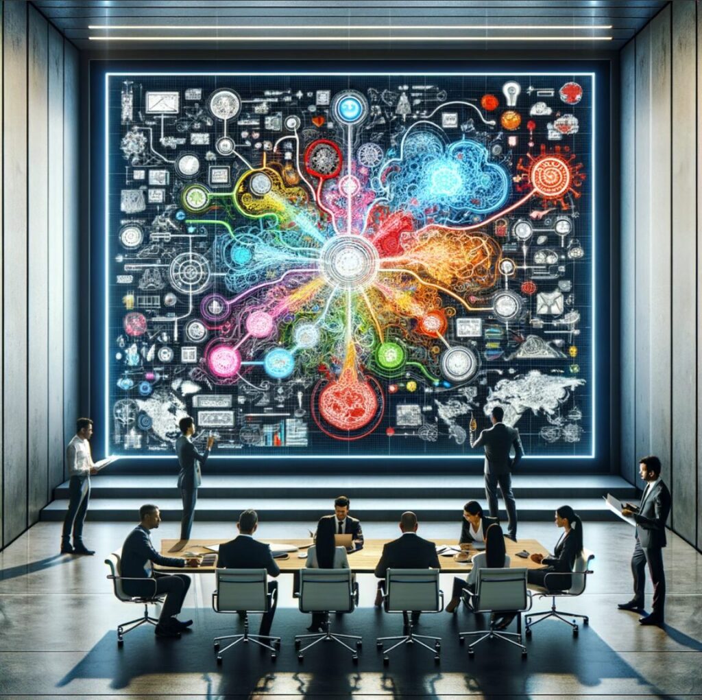 grupo de profesionales colabora en torno a un mapa mental digital en una oficina moderna y minimalista. La pantalla muestra un mapa mental colorido y detallado que facilita la organización y discusión de ideas. El entorno promueve la creatividad y la planificación estratégica en un espacio de trabajo tecnológicamente avanzado