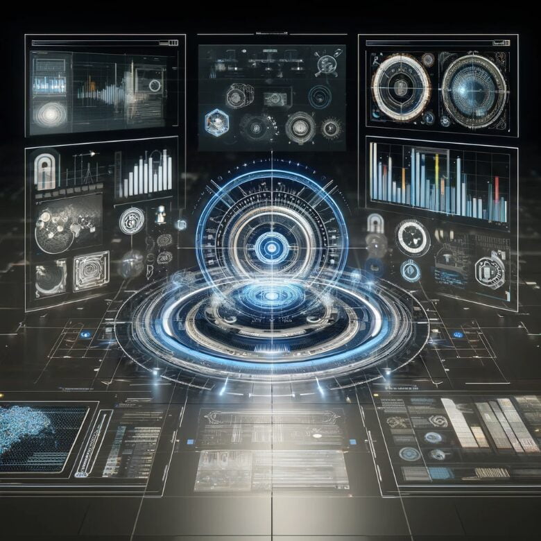 Interfaz de centro de comando digital avanzado con múltiples paneles de visualización holográficos que muestran gráficos en tiempo real, métricas de datos y diagramas de sistemas en una sala de control futurista