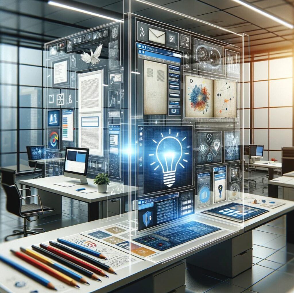 espacio de trabajo digital moderno donde se integran documentos, pizarras y bases de datos en una interfaz contemporánea