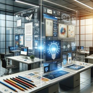 espacio de trabajo digital moderno donde se integran documentos, pizarras y bases de datos en una interfaz contemporánea