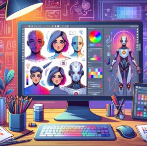 interfaz de usuario de Apob AI, donde se pueden ver múltiples personajes AI en diversas etapas de creación. La pantalla incluye herramientas de diseño y paletas con las que los usuarios pueden interactuar para personalizar sus personajes, en un entorno vibrante y tecnológicamente avanzado