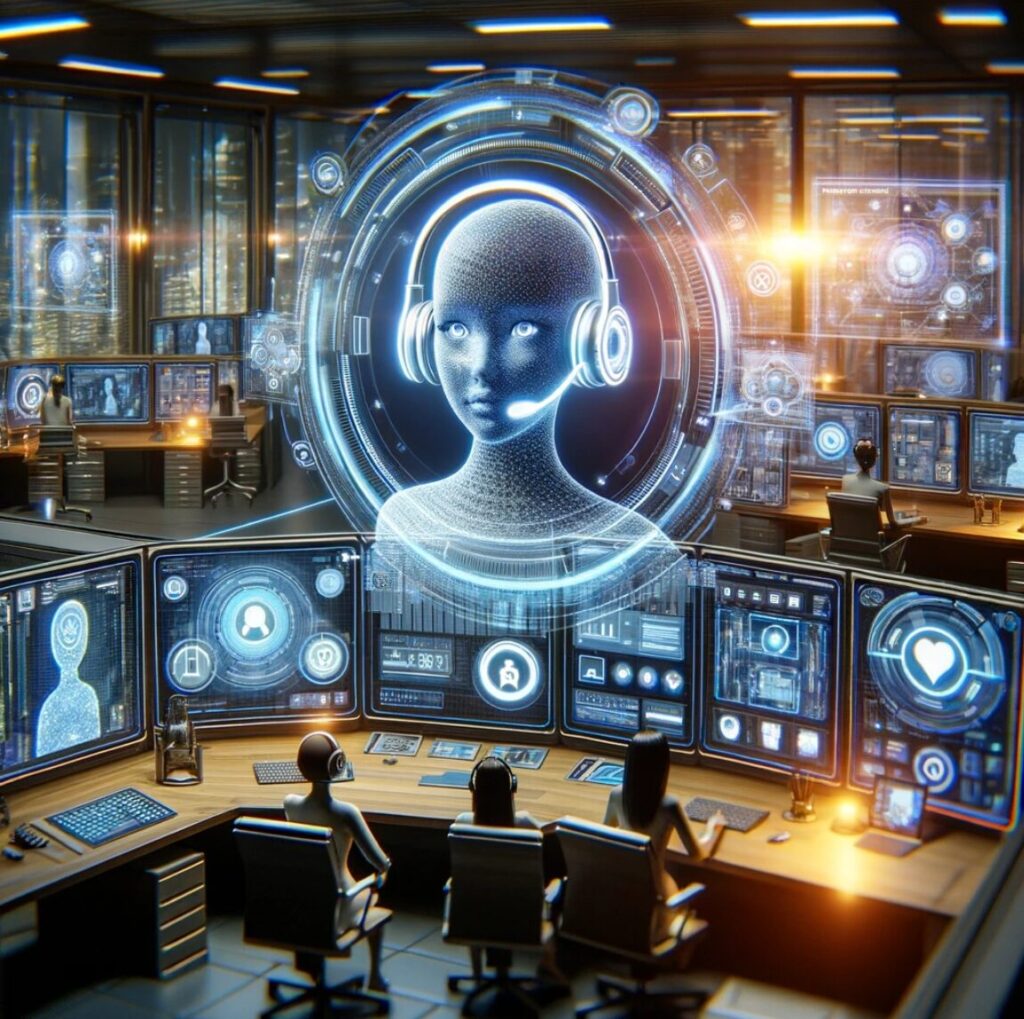 imagen que representa una oficina futurista equipada con herramientas de IA, donde un asistente virtual realiza una llamada telefónica