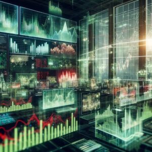 mbiente de inversión financiera, con múltiples pantallas mostrando gráficos y estadísticas en colores verde y rojo, que simbolizan tendencias del mercado. La escena evoca un entorno de negociación financiera, destacando la intensidad y complejidad del análisis de inversiones