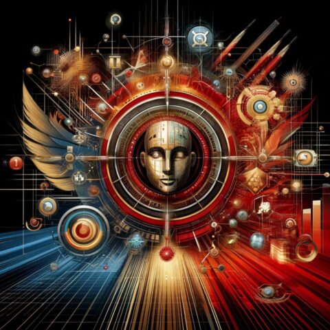 magen que representa las características innovadoras de GPT-4o de OpenAI, utilizando una paleta de colores de rojo, oro y negro para un aspecto impactante y poderoso.