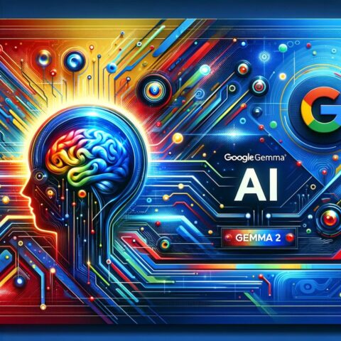 tecnología avanzada de inteligencia artificial con 'Gemma 2', utilizando los colores corporativos de Google (azul, rojo, amarillo, verde) y elementos visuales como redes neuronales, chips de computadora y cerebros digitales