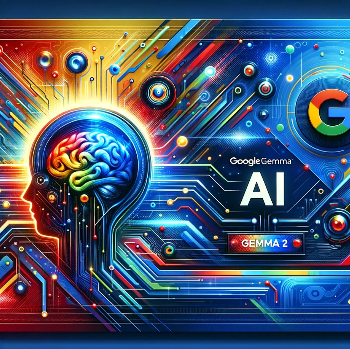 tecnología avanzada de inteligencia artificial con 'Gemma 2', utilizando los colores corporativos de Google (azul, rojo, amarillo, verde) y elementos visuales como redes neuronales, chips de computadora y cerebros digitales