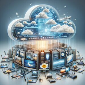 Imagen conceptual que representa la plataforma en la nube, mostrando un proceso automatizado de edición de imágenes dentro de una nube transparente, con dispositivos diversos que muestran las imágenes optimizadas.