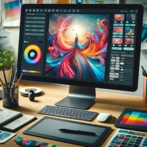 magen que representa un espacio de trabajo digital artístico utilizando Playground AI para crear y editar imágenes visualmente impresionantes con herramientas de inteligencia artificial