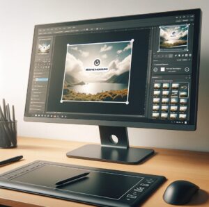 espacio de trabajo de un artista digital, mostrando un monitor con un software de edición de imágenes en proceso de eliminar automáticamente el fondo de una foto subida