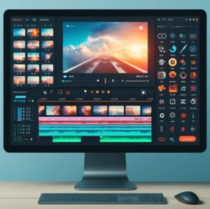 La imagen representa unainterfaz de edición de vídeo, mostrando una suite de edición profesional y fácil de usar con herramientas para recortar, agregar texto y efectos