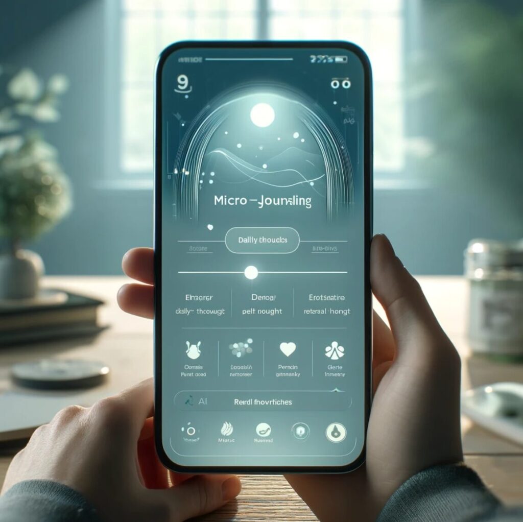interfaz digital serena que destaca las características de micro-journaling y análisis personalizados para el bienestar mental: