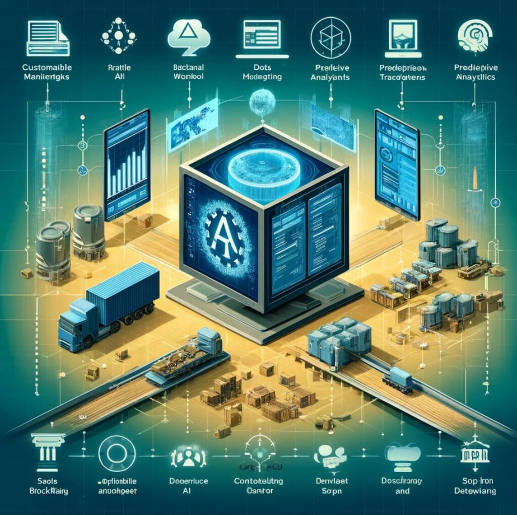 Ilustración de una herramienta de gestión de la cadena de suministro impulsada por IA y blockchain mostrando un panel digital para monitoreo en tiempo real, análisis predictivo y trazabilidad de datos. El panel incluye características como paneles de control personalizables, informes de rendimiento e integraciones con ERP/CRM. Destaca el uso de blockchain para la autenticidad de datos y de IA para optimizar procesos de la cadena de suministro, transmitiendo un entorno eficiente, transparente y seguro