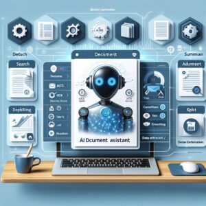 Ilustración de un asistente de documentos impulsado por IA mostrando un panel digital con funciones como búsqueda de documentos, resumen y extracción de datos. El panel incluye varios tipos de archivos (PDF, JPEG, PNG) y resalta capacidades como OCR, extracción de texto y cifrado de datos, transmitiendo un sistema de gestión documental seguro y eficiente