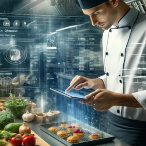Chef en una cocina moderna utilizando una tablet para gestionar los costos de las recetas. La imagen muestra ingredientes frescos y equipos de cocina en el fondo, destacando la eficiencia y la tecnología en la gestión de costos en la industria de la restauración