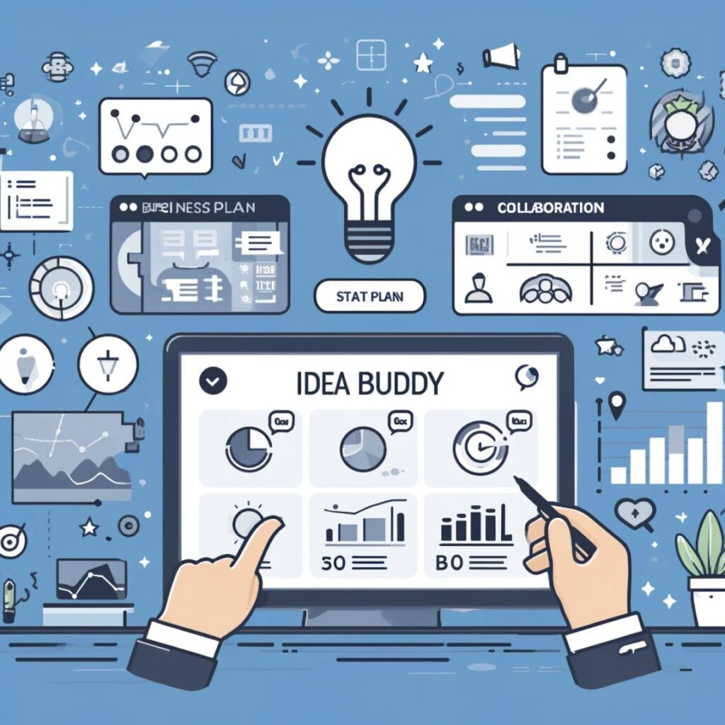 Ilustración de un entorno de trabajo digital con gráficos, diagramas y una pantalla principal mostrando 'IdeaBuddy'